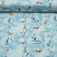 Cotton Disney Frozen 2 Olaf fabric - Disney digital cotton fabric with the character Olaf snowman on a blue background, leaves and snowy white trees. The fabric is 110cm wide and its composition 100% cotton.