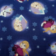 Cotton Disney Frozen 2 Anna Elsa Olaf Blue fabric - Disney children's cotton fabric with the characters from the Frozen 2 animated film on a dark blue background with snowflakes. The characters Anna, Elsa and Olaf appear. The fabric is 110cm wide and its 