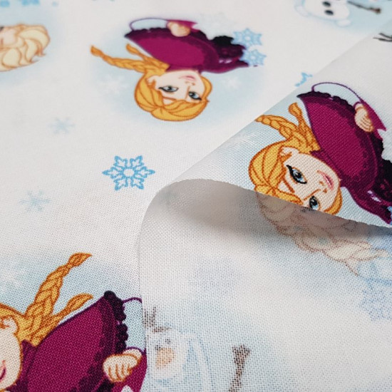 Cotton Disney Frozen 2 Anna Elsa Olaf White fabric - Disney cotton fabric with the characters from the Frozen 2 animated film on a white background with snowflakes. The characters Anna, Elsa and Olaf appear. The fabric is 110cm wide and its composition 10