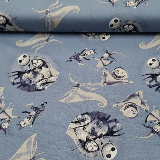 Cotton Disney Nightmare Before Christmas fabric - Disney cotton fabric with drawings of the characters from Nightmare before Christmas, by Tim Burton. The characters Jack Skellington, Sally, Zero and the monster children appear on a gray background. The f