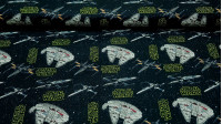 Cotton Star Wars Ships Millennium Falcon fabric - Cotton poplin fabric licensed from Disney Star Wars with drawings of several spaceships, rebel ships and the great Millennium Falcon on a black background of stars where Star Wars logos also appear in yell