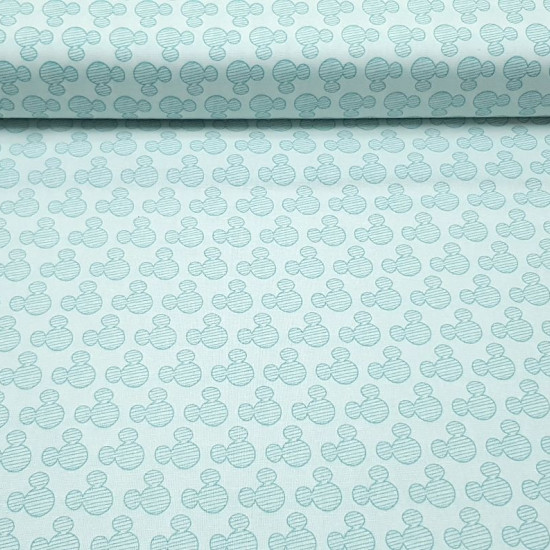 Cotton Disney Mickey Mint Silhouettes fabric - Disney license cotton fabric with silhouette drawings with Mickey ears in mint green striped pattern on a white background. The fabric is 110cm wide and its composition 100% cotton.