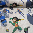 Cotton Teen Titans fabric - Large deco cotton fabric with pictures of DC Comics Teen Titans cartoon characters. The characters Robin, Raven, Starfire, Cyborg and Beast Boy appear on a light background. The fabric is 140cm wide and its compositi