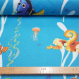 Cotton Disney Finding Dory fabric - Decorative Disney license cotton fabric with large drawings of the characters from the movie Finding Dory, where Nemo, Marlin, Dory and Hunk appear on a blue ocean background. The fabric is 140cm wide and its composi