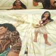 Cotton Disney Decorative Moana fabric - Decorative Disney licensed cotton fabric with the characters from the movie Moana on a light background with different geometric patterns. Moana, Maui, Hei hei, Pua and the Kakamora pirates appear. The fabric is 140