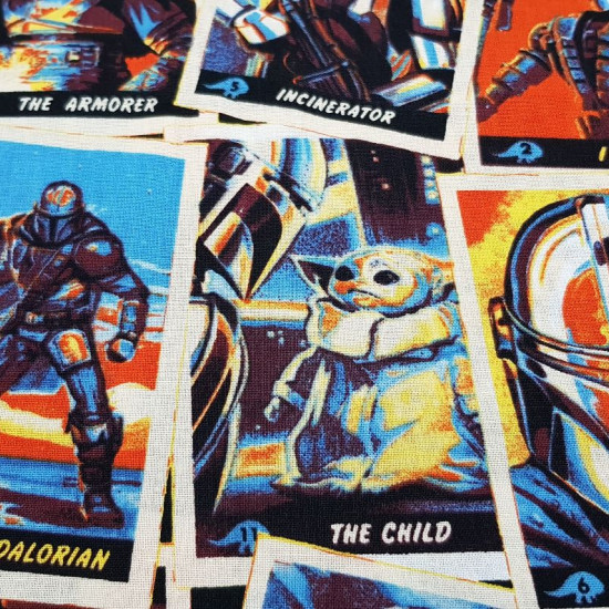 Cotton Star Wars The Mandalorian Trading Cards fabric - Cotton fabric licensed Disney from the Star Wars The Mandalorian series from the Disney+ channel, where trading cards of various characters from the series appear, such as the Mandalorian, Baby Yoda,