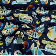Cotton Star Wars Rainbow fabric - Cotton licensed fabric with Star Wars drawings in a “rainbow” style where the Millennium Falcon, R2-D2, BB-8, the Mandalorian helmets and the imperial army appear… on a navy blue background. The fabric is 110cm wide
