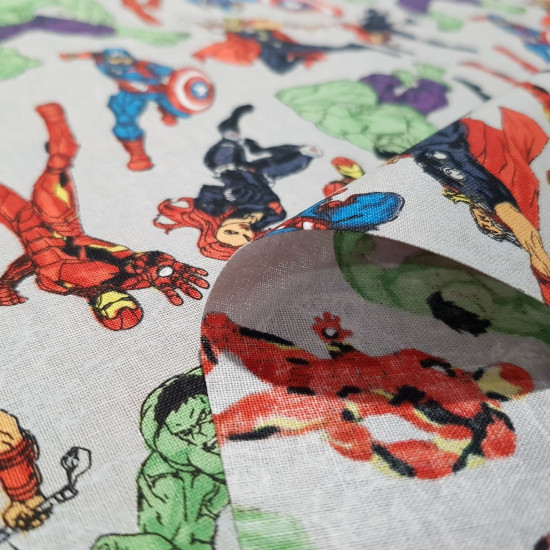 Cotton Marvel Avengers Gray Characters fabric - Licensed patchwork cotton fabric with drawings of the Marvel characters, the Avengers. The incredible Hulk, Ironman, Captain America, Thor and Black Widow appear on a gray background. The fabric measures 110