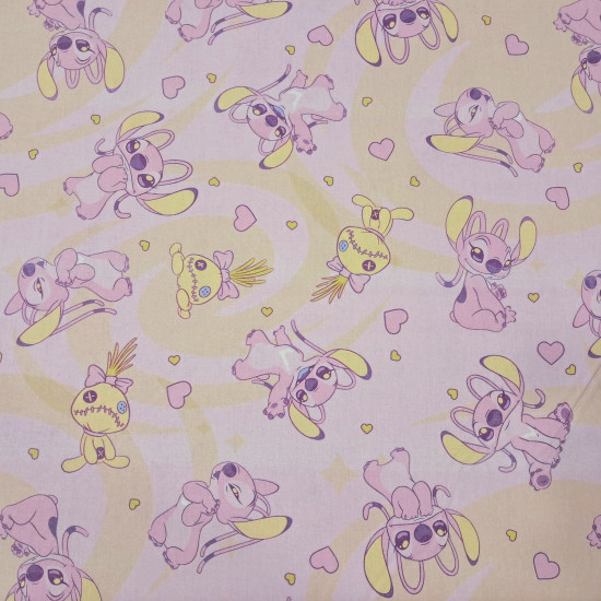 Cotton Disney Stitch Angel Hearts fabric Pastel pink cotton poplin fabric with spiral background and Angel (Stitch's girlfriend) print with hearts and rag dolls