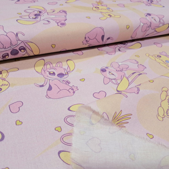 Cotton Disney Stitch Angel Hearts fabric Pastel pink cotton poplin fabric with spiral background and Angel (Stitch's girlfriend) print with hearts and rag dolls