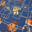 Tela de popelín de algodón azul rey con dibujo técnico de rectángulos y los personajes Woody, Buzz Lightyear, Jessie y los Aliens de Toy Story