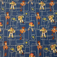 Tela de popelín de algodón azul rey con dibujo técnico de rectángulos y los personajes Woody, Buzz Lightyear, Jessie y los Aliens de Toy Story
