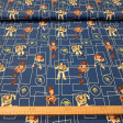Tela de popelín de algodón azul rey con dibujo técnico de rectángulos y los personajes Woody, Buzz Lightyear, Jessie y los Aliens de Toy Story