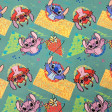 Teal cotton poplin fabric with a Stitch and Angel print on yellow and green geometric shapes in a 90s style