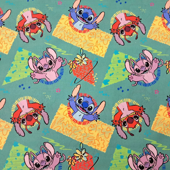 Teal cotton poplin fabric with a Stitch and Angel print on yellow and green geometric shapes in a 90s style