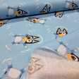 Tela Algodón Bluey Nadando Tela de popelín de algodón azul con divertido estampado de Bluey flotando feliz en el agua
