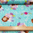 Tela Algodón Disney Princesa Sofía - Preciosa tela de algodón Disney con dibujos de la serie Princesa Sofía, dibujos de mariposas y flores sobre un fondo azúl turquesa. La tela mide 110cm de ancho y la composición es 100% algodón.