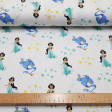 Cotton Disney Aladdin Stars fabric - Disney licensed cotton fabric with drawings of the characters Jazmin and the lamp genie from the movie Aladdin, on a white background with gold and green stars. The fabric is 150cm wide and its composition is 100% co