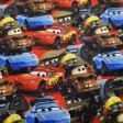 Cotton Disney Cars Mosaic fabric - Children's cotton fabric with drawings of Disney Cars cars, on a background where Lightning McQueen, Mate, Rey appear ... The fabric is 140cm wide and its composition is 100% cotton.