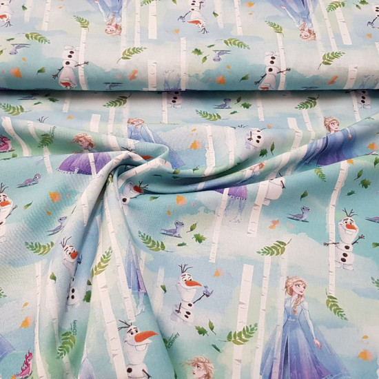 Disney Cotton Frozen 2 Trees fabric - Disney licensed cotton fabric with drawings of the characters from the movie Frozen 2 where Elsa, Olaff and Bruni the salamander appear, in a forest with trees and leaves in the wind, where green and blue colors predo
