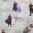 Cotton Disney Frozen 2 Change fabric - Disney licensed cotton fabric with drawings of the characters Anna, Elsa, Kristoff, Sven and Olaf on a background of snowy trees and phrases “Change is in the air” The fabric measures between 140-150cm wide and its c