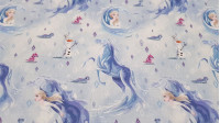 Tela Algodón Disney Frozen 2 Espiritus Elementos - Tela de algodón licencia Disney con los dibujos de los personajes de la película Frozen 2, donde aparece Elsa y Olaff con los espiritus de los elementos como son el caballo de agua (El Nokk) y la salamand