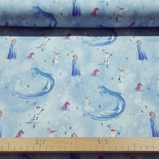 Cotton Disney Frozen 2 Elements C fabric - Disney licensed cotton fabric with drawings of the characters Elsa and Olaff and also the ice horse Nokk and the Bruni salamander. The fabric measures between 140-150cm wide and its composition is 100% cotton.