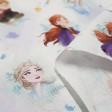 Tela Algodón Disney Frozen 2 Personajes - Tela de algodón licencia Disney con los personajes Anna, Elsa, Sven, Kristoff y Olaf de la película Frozen 2 formando un mosaico sobre un fondo con hojas en el aire. La tela mide 150cm de ancho y su composición 10