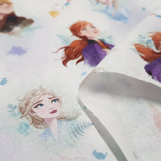 Cotton Disney Frozen 2 Characters fabric - Disney licensed cotton fabric with the characters Anna, Elsa, Sven, Kristoff and Olaf from the movie Frozen 2 forming a mosaic on a background with leaves in the air. The fabric is 150cm wide and its composition 
