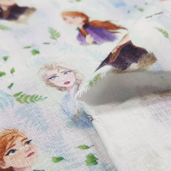 Cotton Disney Frozen 2 Characters C fabric - Disney licensed cotton fabric with drawings of the characters Anna, Elsa, Kristoff and Olaf from the movie Frozen 2 on a background with tree branches. The fabric measures between 140-150cm wide and its composi
