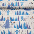 Cotton Disney Frozen Forest Snow fabric - Disney licensed cotton fabric with drawings of the characters Elsa and Olaff from the movie Frozen, with a background of trees and snowflakes in blue colors on a white background. The fabric is 140cm wide and its 