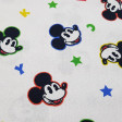 Cotton Disney Mickey Faces Letters fabric - Disney licensed cotton fabric with drawings of faces with the colored outline of the Mickey character on a white background with colored letters. The fabric is 150cm wide and its composition is 100% cotton.