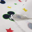 Tela Algodón Disney Mickey Caras Letras - Tela de algodón licencia Disney con dibujos de caras con el contorno de colores del personaje Mickey sobre un fondo blanco con letras de colores. La tela mide 150cm de ancho y su composición 100% a