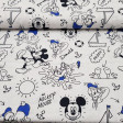 Cotton Disney Mickey Donald Summer Blue fabric - Disney cotton licensed fabric featuring the characters Mickey and Donald in a summer seafaring theme in black lines and blue colored parts. All this on a white background. The fabric measures 150cm and its 