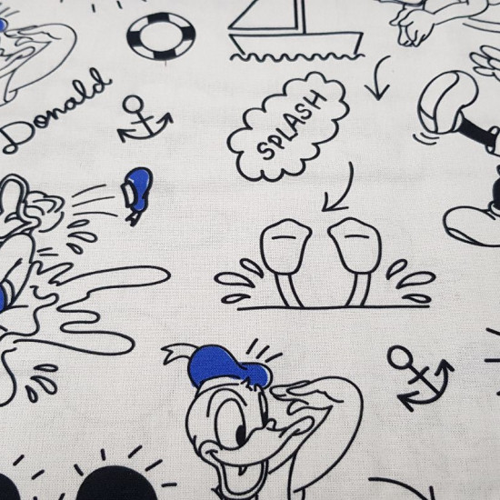 Cotton Disney Mickey Donald Summer Blue fabric - Disney cotton licensed fabric featuring the characters Mickey and Donald in a summer seafaring theme in black lines and blue colored parts. All this on a white background. The fabric measures 150cm and its 