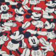 Tela Algodón Disney Mickey Fondo Rojo - Tela de algodón licencia Disney con dibujos del personaje Mickey sobre un fondo de color rojo. La tela mide 150cm de ancho y su composición 100% algodón.