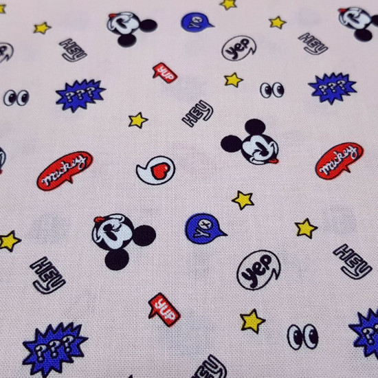 Cotton Disney Mickey Hey Pink fabric - Disney licensed cotton fabric with drawings of Mickey faces winking on a light pink background with stars and other symbols. The fabric is 110cm wide and its composition is 100% cotton.
