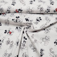 Tela Algodón Disney Mickey Minnie Clásico - Tela de algodón licencia Disney con dibujos clásicos de los personajes Mickey y Minnie sobre un fondo blanco. La tela mide 150cm de ancho y su composición 100% algodón.