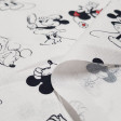 Tela Algodón Disney Mickey Minnie Clásico - Tela de algodón licencia Disney con dibujos clásicos de los personajes Mickey y Minnie sobre un fondo blanco. La tela mide 150cm de ancho y su composición 100% algodón.