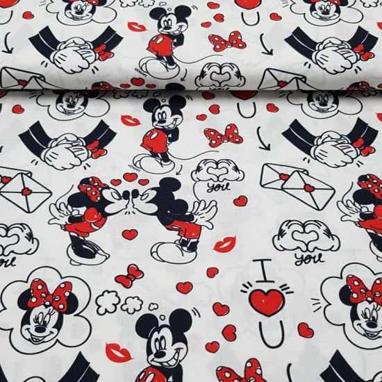 Cotton Disney Mickey Minnie Love Red fabric - Children's themed cotton fabric with Disney's Mickey and Minnie drawings and comic-style love decoration with drawings of kisses, hearts, love letters ... where the color red predominates. All on a white backg