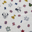 Cotton Disney Mickey Minnie Trophies fabric - Disney licensed cotton fabric with drawings of the faces of the Mickey and Minnie characters on a white background with colored letters, trophies, gloves... The fabric measures between 140-150cm wide and its c