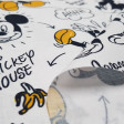 Tela Algodón Disney Mickey Plátanos - Tela de algodón licencia Disney con dibujos donde aparece Mickey que se ha resbalado con la piel de los plátanos. La tela mide 150cm de ancho y su composición 100% algodón. 