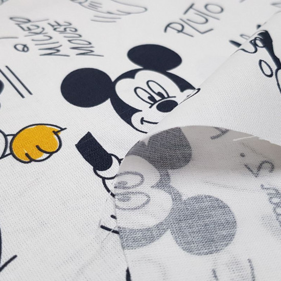 Cotton Disney Mickey Pluto Balloons fabric - Disney licensed cotton fabric with drawings of the characters Mickey and Pluto playing with water balloons on a white background. The fabric is 150cm wide and its composition is 100% cotton.