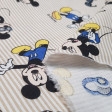 Tela Algodón Disney Mickey Verano - Tela de algodón infantil de Disney con dibujos del personaje Mickey, gafas de sol y cascos de música, sobre un fondo de rayas beige. La tela mide 140cm de ancho y su composición 100% algodón.