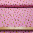 Cotton Disney Minnie Daisy Boutique fabric - Disney licensed cotton fabric with small drawings of Minnie, Daisy and Clarabella characters on a pink/fuchsia striped background and fashion boutique items. The fabric is 140cm wide and its composition is 100%