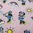 Tela Algodón Disney Minnie Gafas Rayas Rosas - Tela de algodón licencia Disney con dibujos del personaje Minnie sobre un fondo de rayas rosas y blancas con arcoiris, soles, lacitos de colores… La tela mide 140cm de ancho y su composición 100% algodón.