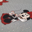 Cotton Disney Minnie Bows Polka Dots fabric - Disney licensed poplin cotton fabric with drawings of Minnie Mouse wearing a sports sweatshirt and flowered dress on a gray background with polka dots. The fabric measures 140cm wide and its composition is 100