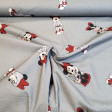 Cotton Disney Minnie Bows Polka Dots fabric - Disney licensed poplin cotton fabric with drawings of Minnie Mouse wearing a sports sweatshirt and flowered dress on a gray background with polka dots. The fabric measures 140cm wide and its composition is 100