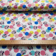 Cotton Disney Minnie Polka Dots Colors fabric - Children's cotton poplin fabric with Disney licensed drawings where the Minnie character appears in colored circles with ornaments and smiling faces. The fabric is 140cm wide and its composition is 100% cott