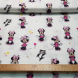 Cotton Disney Minnie Snooty Pink Bows fabric - Disney licensed cotton fabric with drawings of Minnie with bows and kittens on a white background. The fabric is 140cm wide and its composition is 100% cotton.  